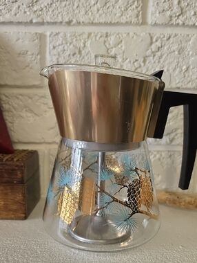 Vtg 1950 Douglas Gold-Tone Glass Coffee Maker/Server with Blue Pinecone Motif.